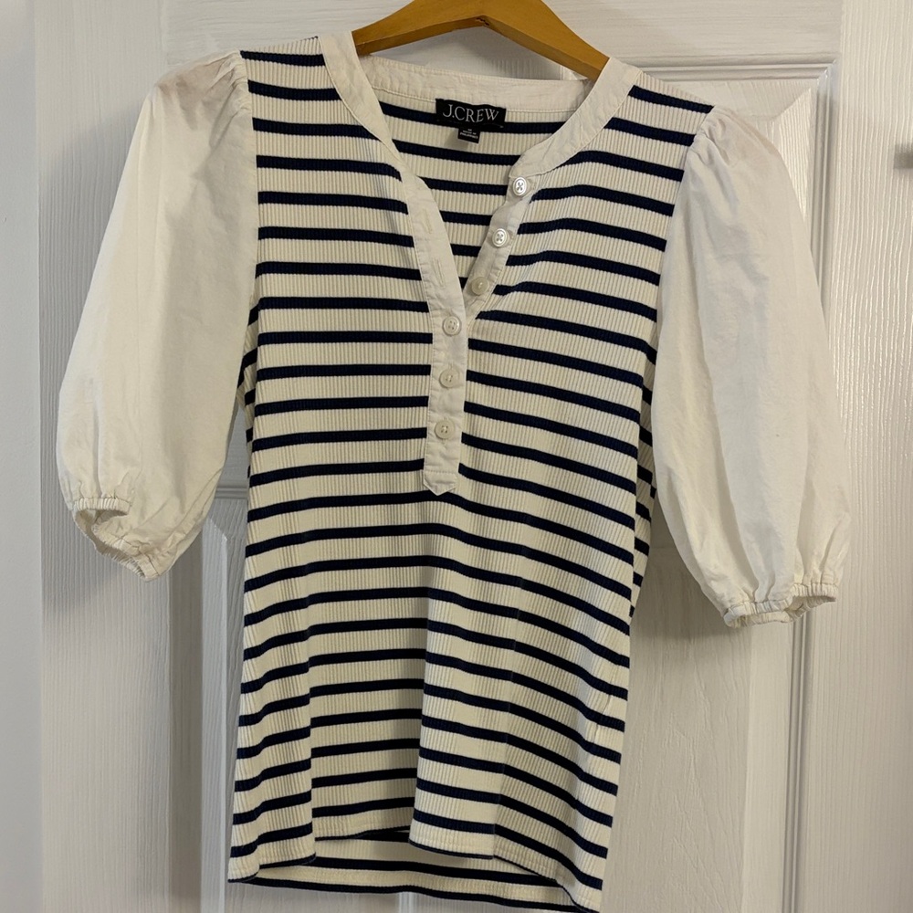 J. Crew White and Navy Striped Puff-Sleeve Henley